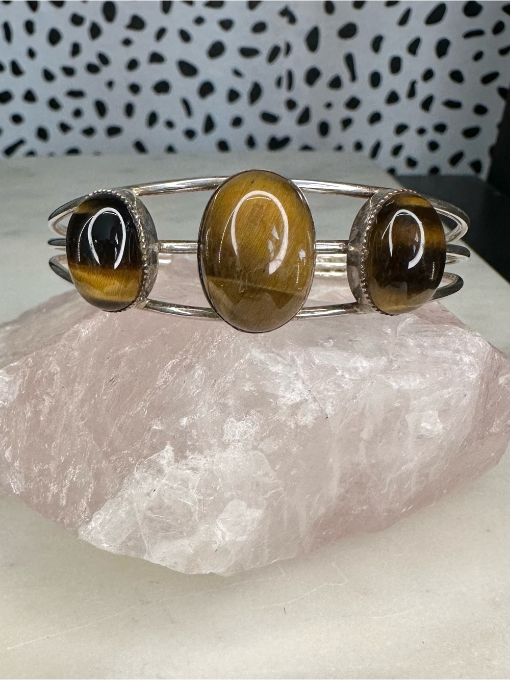 Vintage Tigers Eye Multi Stone Sterling Silver Cuff Bracelet 3 Stone 925